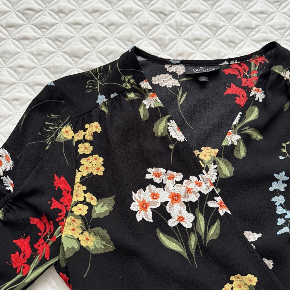 Topshop Black V-Neck Floral Wrap Tie Ruched Elbow Length Sleeve Blouse Sz 6 Tall - Picture 6 of 16